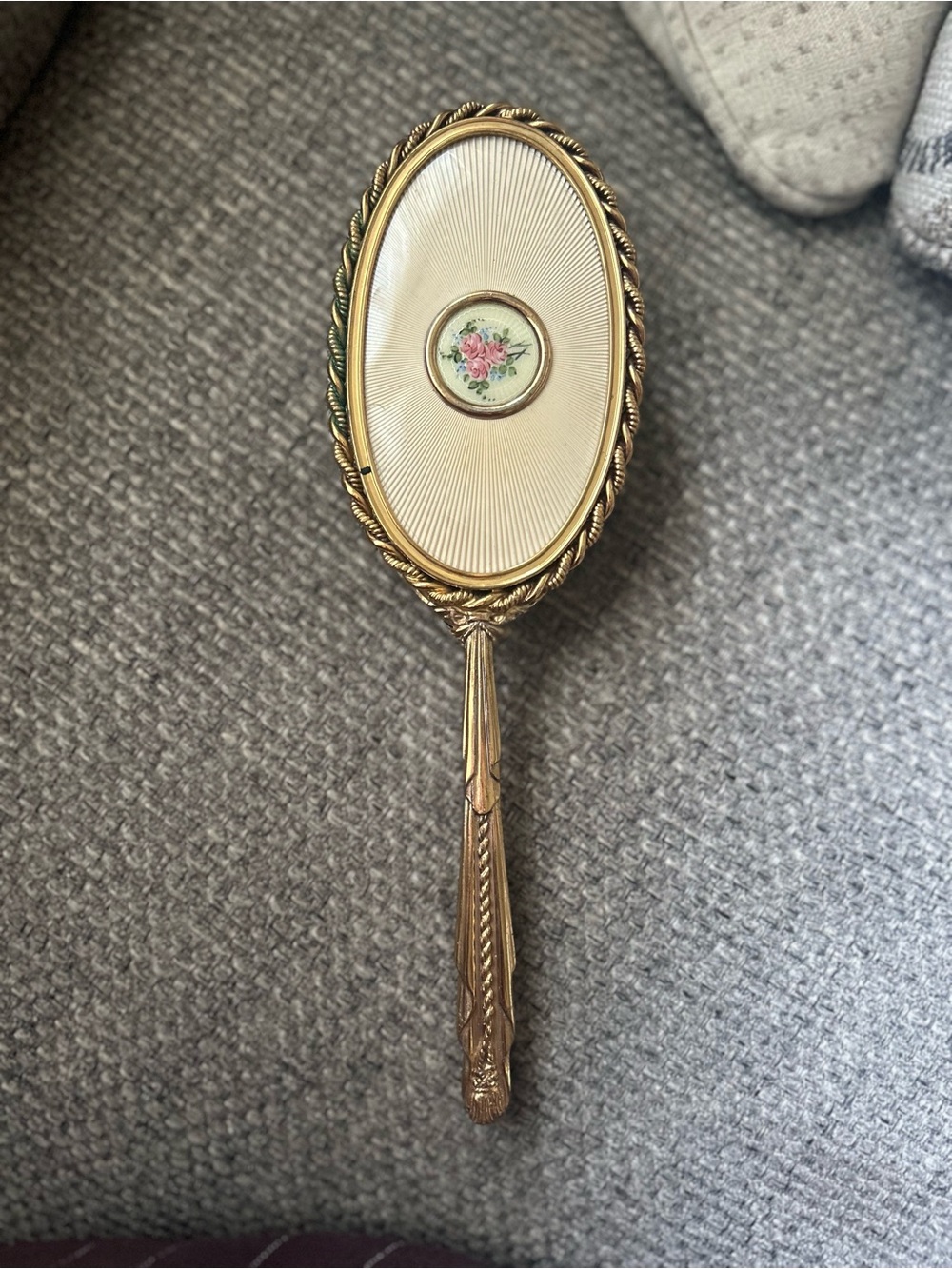 Vintage Gold Tone Cream Guilloche Hand Mirror with Floral Medallion
